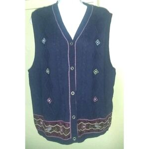 Northern Reflection Sweater Vest Bird L Flowers Embroider Blue Cable Knit Button